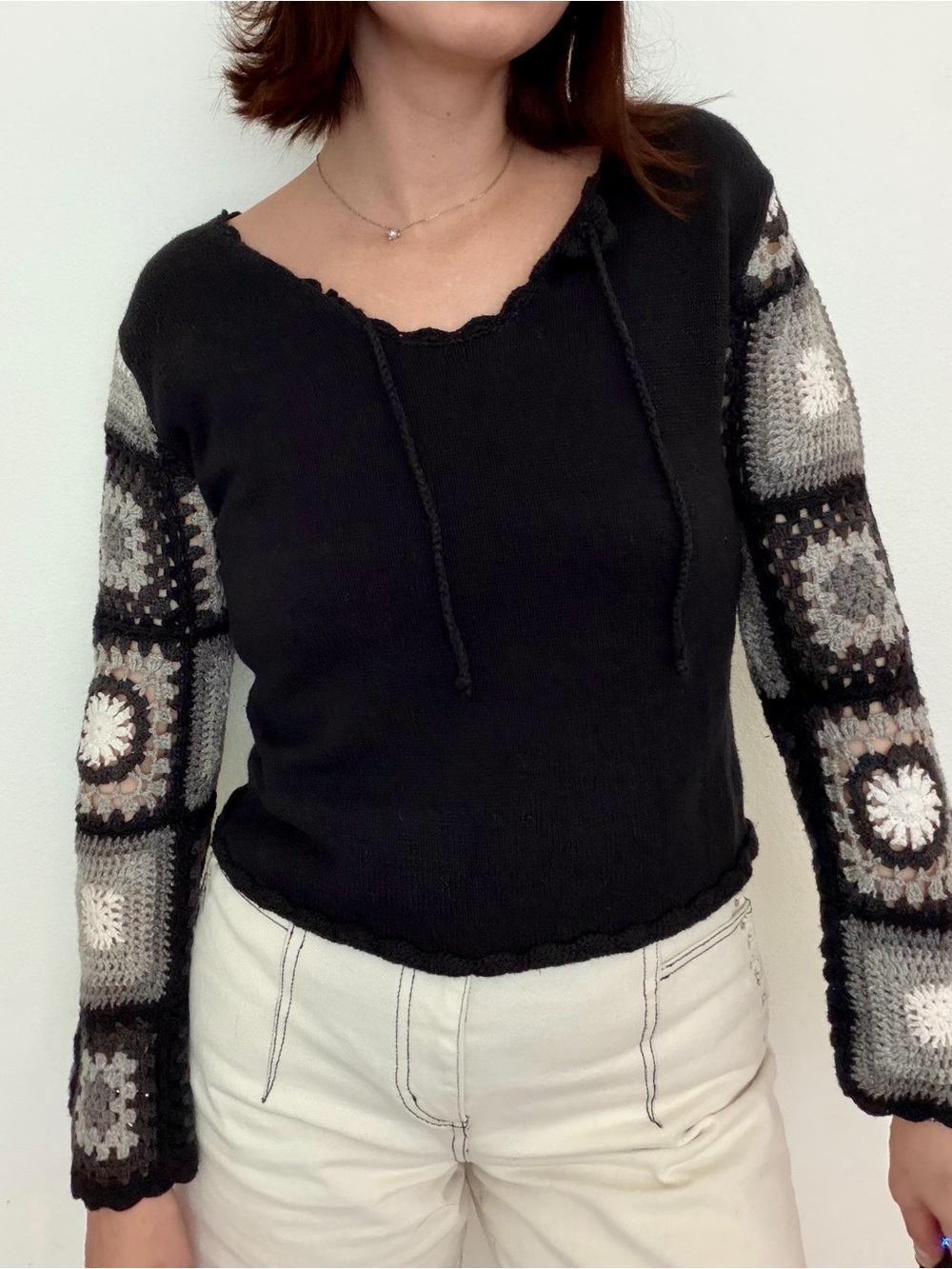 Black V-Neck Sweater with Crocheted Patchwork Sleeves